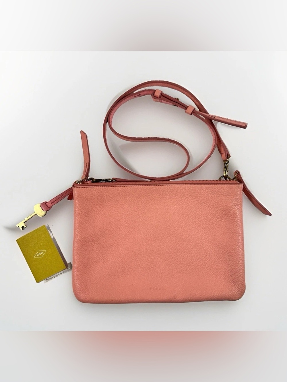 Fossil Pink Leather Crossbody Convertible Shoulder Bag Key Charm Pebbled Boho